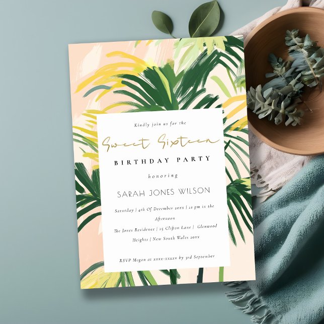 Convites Boho Blush Green Palm Tropical Sweet 16 Aniversári (Criador carregado)