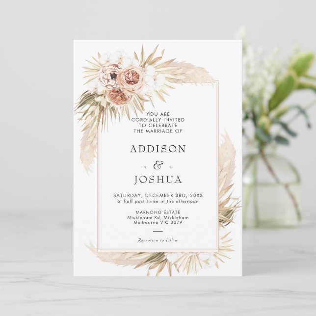 Convites Boho Blush Natural Tones Casamento Floral (Em pé/Frente)