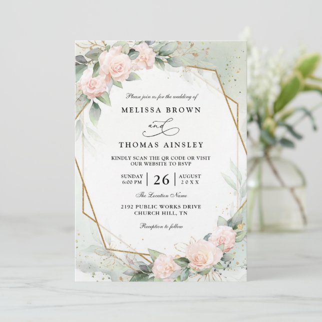 Convites Boho Blush Pink Floral Greenery QR Code Wedding (Em pé/Frente)