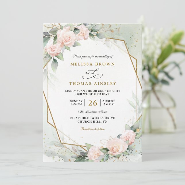 Convites Boho Blush Pink Floral Greenery QR Code Wedding (Em pé/Frente)