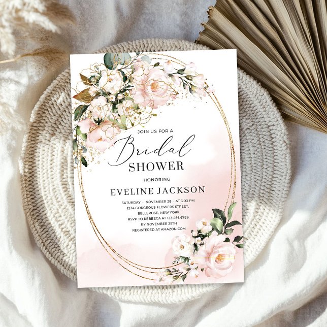 Convites Boho Blush Pink Flowers Rosas douradas esverdeadas (Boho Blush Pink Flowers Roses faux gold oval green Invitation)