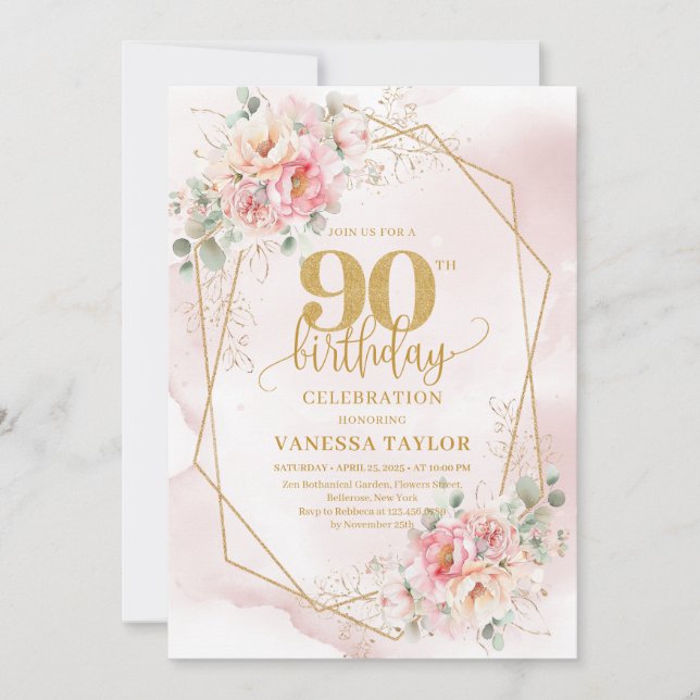 Convites Boho Blush Pink Gold Floral 90th Birthday Invites (Frente)