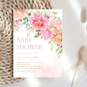 Convites Boho Blush Pink Watercolor Floral Girl Chá de fral