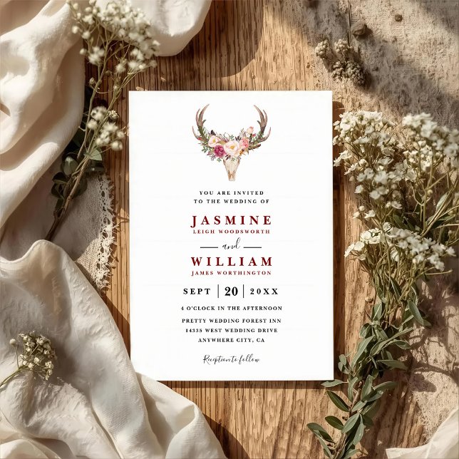 Convites Boho Blush Red Floral Antler Skull QR Code Wedding (Criador carregado)