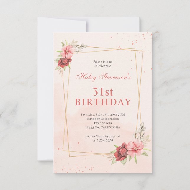 Convites Boho Blush Rosa Terracota Floral 31º Aniversário (Frente)