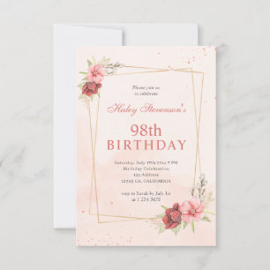 Convites Boho Blush Rosa Terracota Floral 98º Aniversário