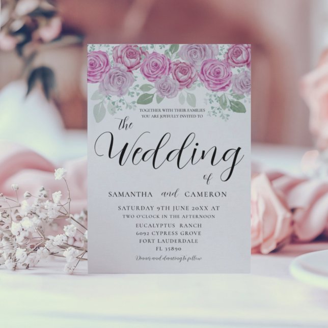 Convites Boho Blush Roses Rosa e Casamento Calliográfico (Criador carregado)