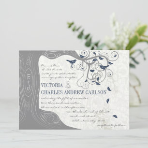 Convites Boho Boêmio Cinza Marinho Pássaros do Amor Casamen
