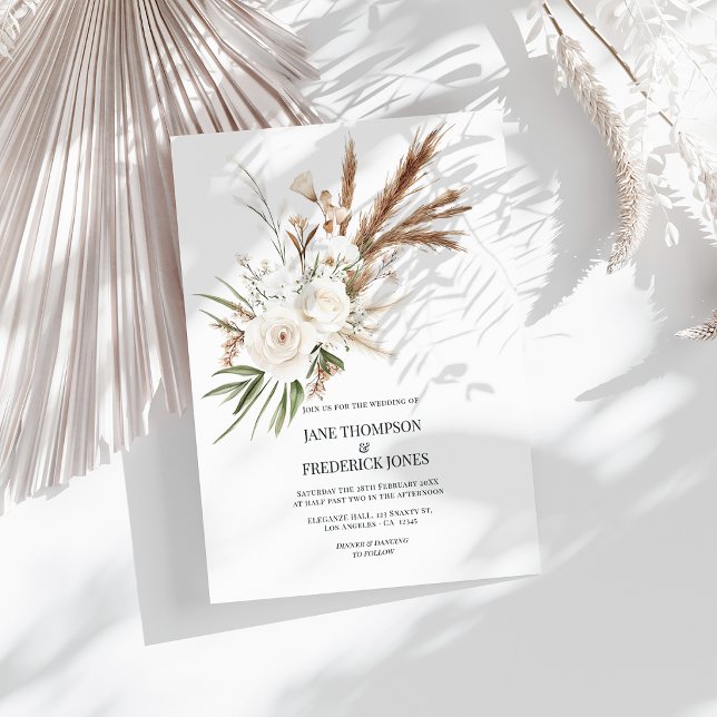 Convites Boho Boêmio Floral Seca Foto & Código QR Casamento (Boho Bohemian Dried Floral Photo & QR Code Wedding Invitation)