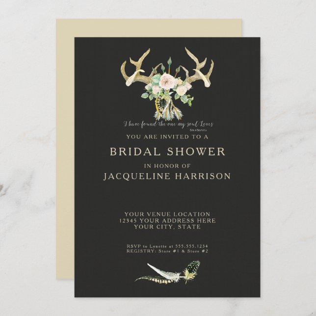 Convites Boho Bohemian Deer Antler Floral Bridal Shower (Frente/Verso)