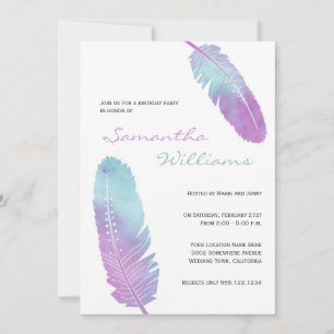 Convites Boho Bohemian Feather Festa de aniversário roxa