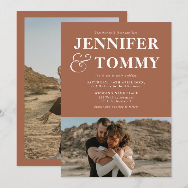 Convites Boho bold names retro 2 fotos do casamento terraco (Frente/Verso)