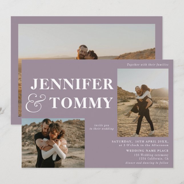 Convites Boho bold names retrô 3 fotos roxo de casamento (Frente/Verso)