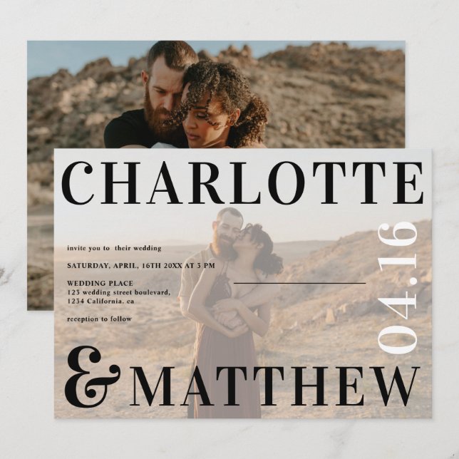 Convites Boho bold nomes preto foto foto do casamento (Frente/Verso)