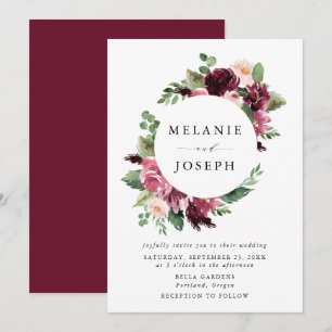 Convites Boho Borgonha e Rosa Água-forte Floral Casamento