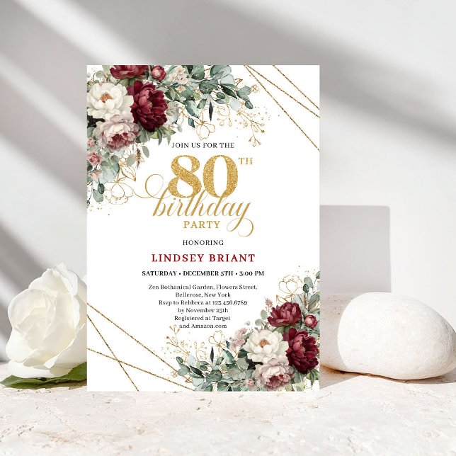 Convites Boho Borgonha Eucalipto Floral 80º Aniversário (Boho Burgundy Eucalyptus Floral 80th Birthday)