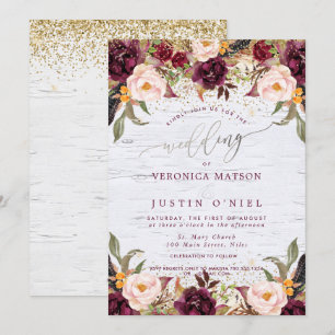 Convites Boho Borgonha+Roxo Flores Aquarela