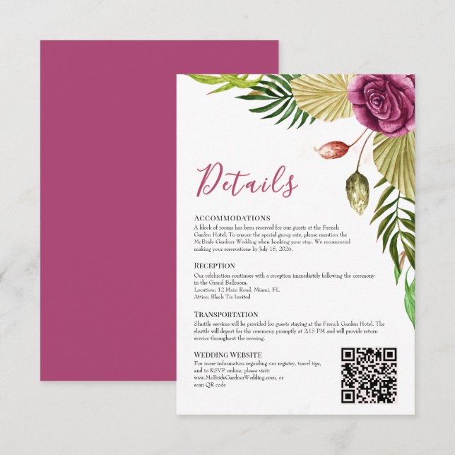 Convites Boho Botanical Crimson Rose Wedding Details Card (Frente/Verso)