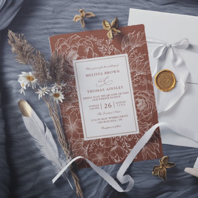 Convites Boho Botanical Terracotta Budget QR Code Wedding (Criador carregado)