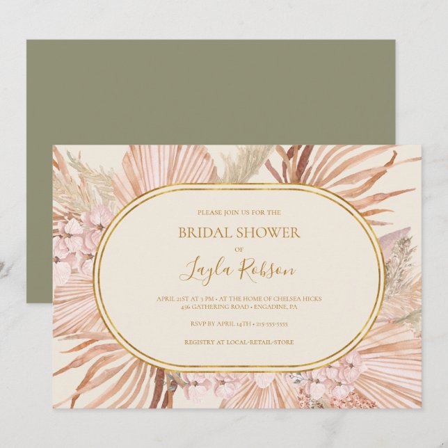 Convites Boho Botânico | Chá de panela horizontal verde (Frente/Verso)