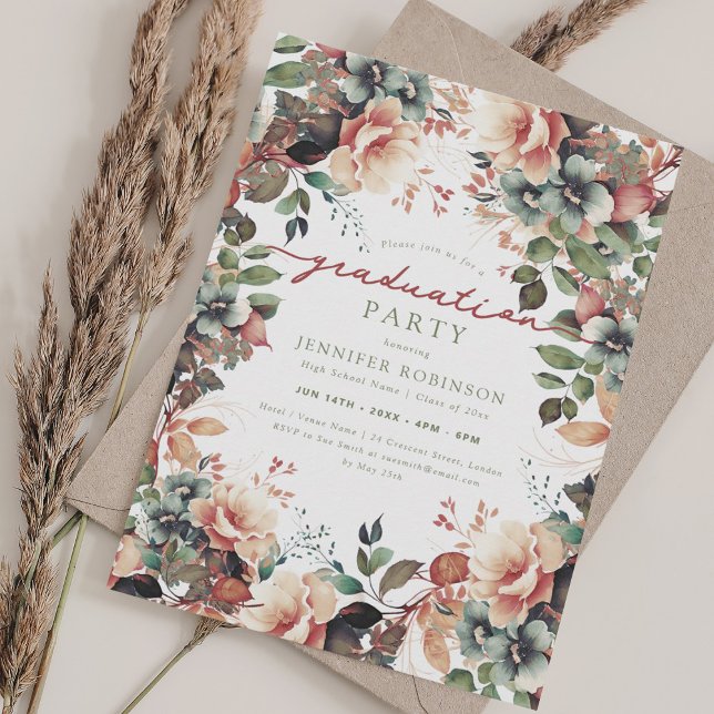 Convites Boho Botânico Festa de formatura Floral (Boho Botanical Garden Floral Graduation Party Invitation)