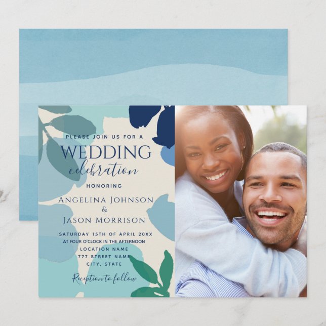 Convites Boho Botânico Marinho Azul Poeira Foto Casamento (Frente/Verso)