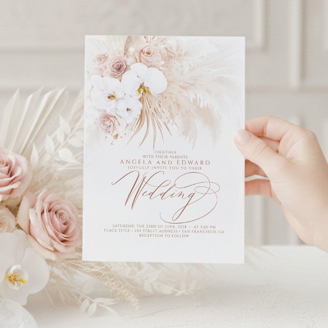 Convites Boho Botânico Orquídeas Brancas Pampas Casamento d (White Orchids and Pampas Grass Boho Wedding Invitations)