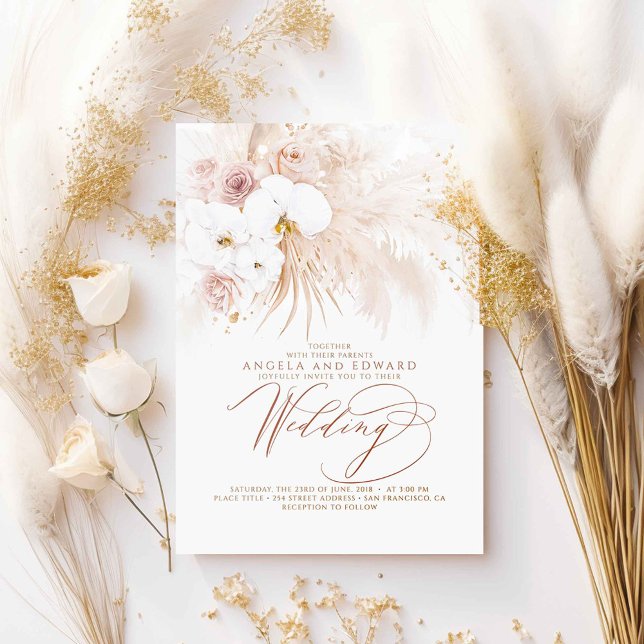 Convites Boho Botânico Orquídeas Brancas Pampas Casamento d (White Orchids and Pampas Grass Boho Wedding Invitations)