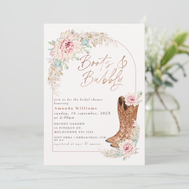 Convites Boho Botas Rosa e Festa de Noivado Borbulhante (Em pé/Frente)