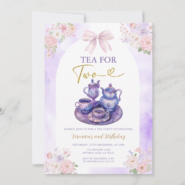 Convites Boho Bow Purple Tea for two girl Birthday flowers (Frente)