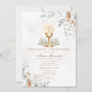 Convites Boho Branco Floral Eucaristia Primeira Comunhão