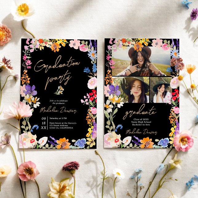 Convites Boho Bright Wildflower Black Photo Graduation (Boho Bright Wildflower Black Photo Graduation Invitation)
