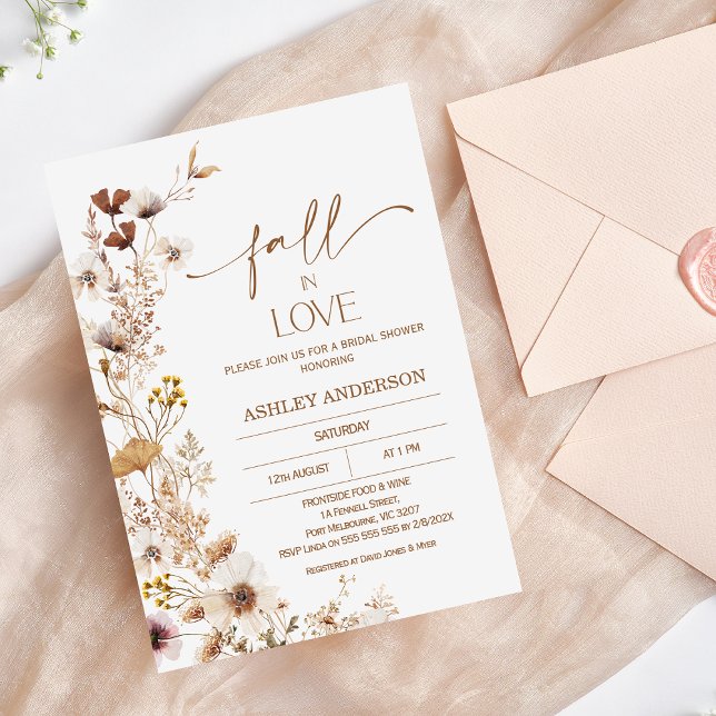 Convites Boho Brown Beige Fall Floral Chá de panela (Fall Floral Bridal Shower Invitation, Fall in Love Bridal Shower Invite, Wildflowers Bridal Shower)