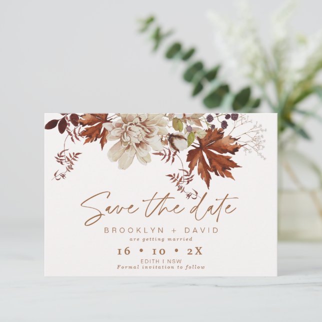 Convites Boho Brown Fall Floral Weding The Date Card (Em pé/Frente)