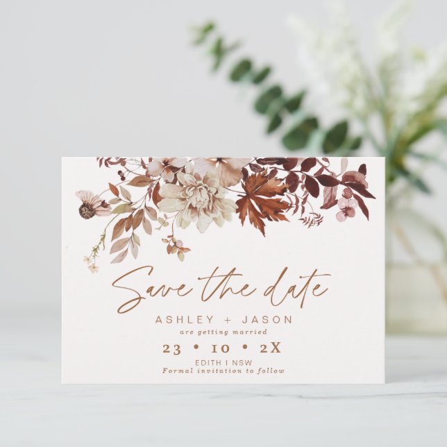 Convites Boho Brown Floral Casamento outono Save The Date C (Em pé/Frente)