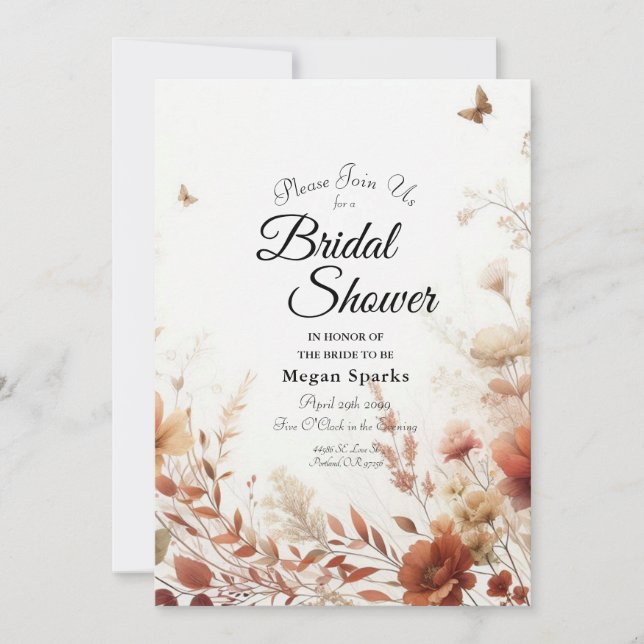 Convites Boho Browns with Butterflies Floral Bridal Shower (Frente)