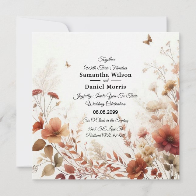 Convites Boho Browns with Butterflies Floral Wedding (Frente)