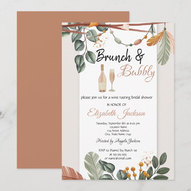 Convites Boho Brunch & Bubbly Chá de Noiva (Frente/Verso)