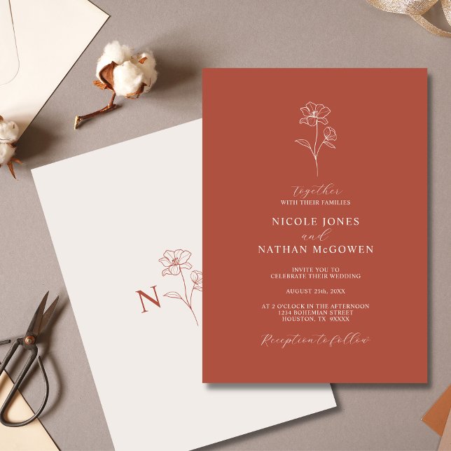 Convites Boho Budget Terracotta Rust Flower Casamento | MOR (Criador carregado)