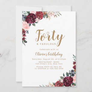 Convites Boho burgundy aniversário de 40 anos floral