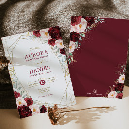 Convites Boho Burgundy Blush Douradas Flores Casamento Geom