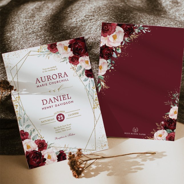 Convites Boho Burgundy Blush Douradas Flores Casamento Geom (Criador carregado)