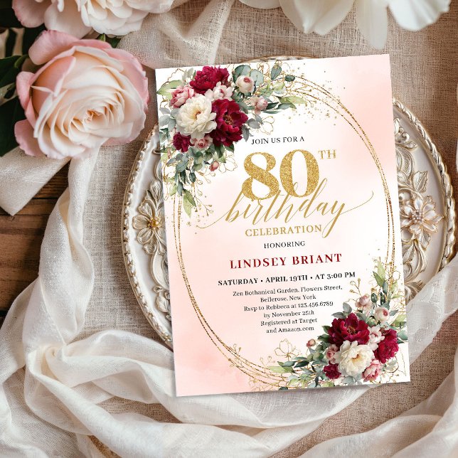 Convites Boho Burgundy Blush Floral 80th Birthday Invite (Boho Burgundy Blush Floral 80th Birthday Invitation)