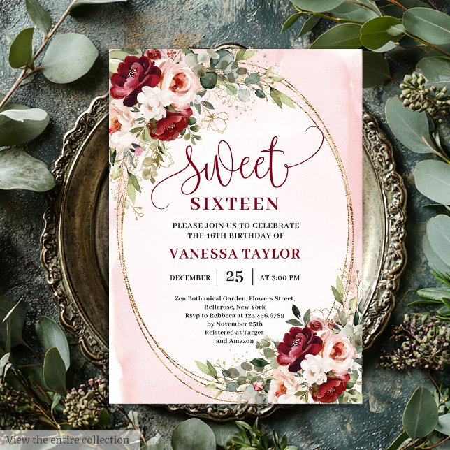 Convites Boho Burgundy Blush Floral Sweet Sixteen Party (Boho Burgundy Blush Floral Sweet Sixteen Party Invitation)