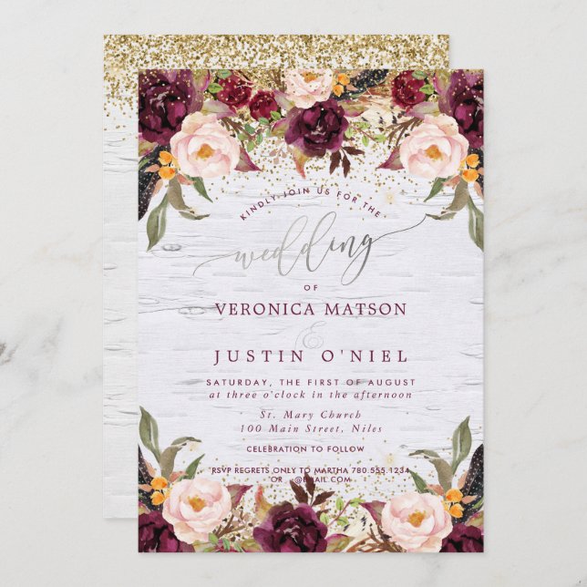 Convites Boho Burgundy+Blush Watercolor Flowers (Frente/Verso)