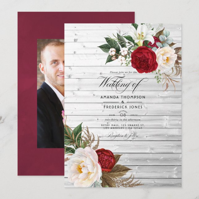 Convites Boho Burgundy - Casamento Floral Boêmio Marsala (Frente/Verso)