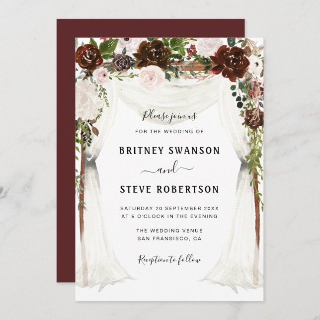 Convites boho burgundy, casamento floral da copa (Frente/Verso)