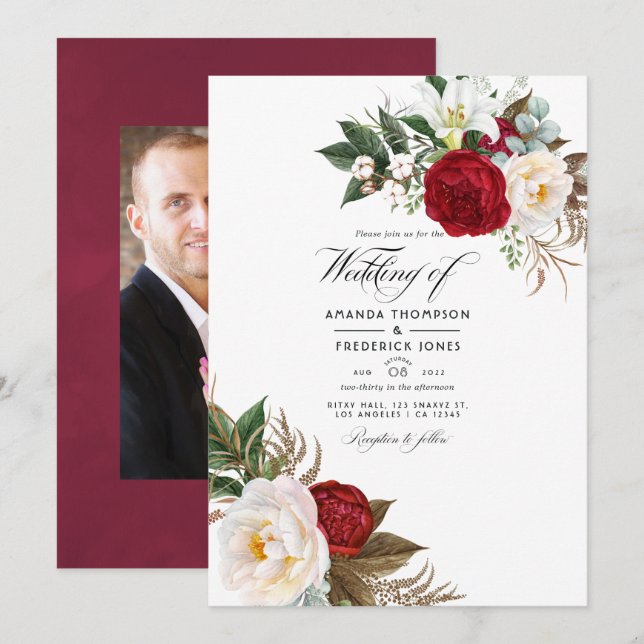 Convites Boho Burgundy - Casamento Floral Marsala Foto (Frente/Verso)