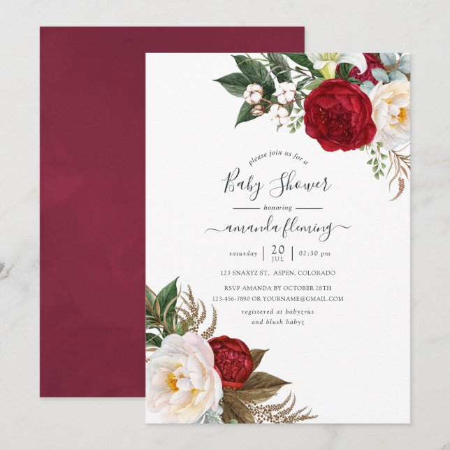 Convites Boho Burgundy - Chás de Bebê Floral Marsala (Frente/Verso)
