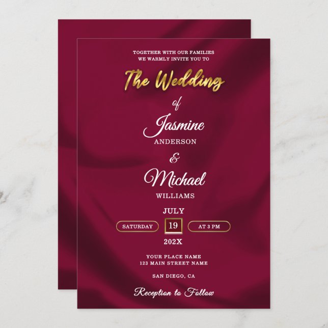 Convites Boho Burgundy e Gold Foil Script Casamento Simples (Frente/Verso)